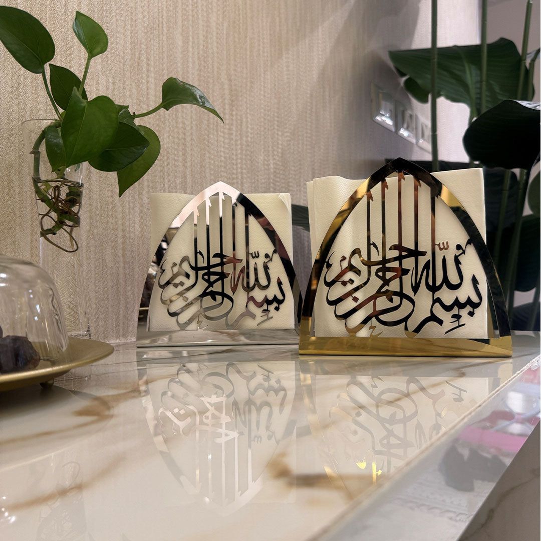 Decorative items with Arabic calligraphy on a reflective surface